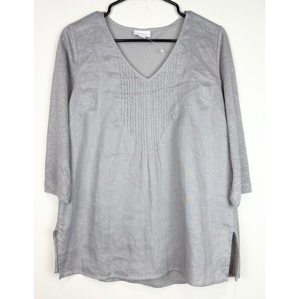 J Jill Love Linen Grey Shirt 100% Linen V-Neck Natural Workwear, Petite Small